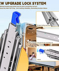 Heavy Duty Drawer Slides With Lock, 500 Lb Capacity, showing new upgrade lock system with blue locking mechanism and installation points.