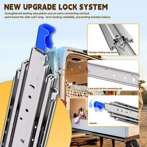 Heavy Duty Drawer Slides With Lock, 500 Lb Capacity, showing new upgrade lock system with blue locking mechanism and installation points.
