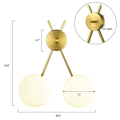 Alby 2-Light Wall Sconce In Brushed Brass And White With Opal Glass Shades, dimensions and mounting detail shown.