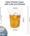 100 Pack 16 Oz Clear Plastic Cups With Lids And Straws, sturdy disposable cup with dimensions and lemon slice inside