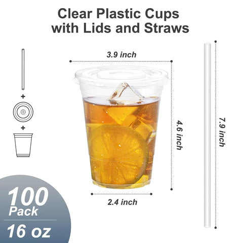 100 Pack 16 Oz Clear Plastic Cups With Lids And Straws, sturdy disposable cup with dimensions and lemon slice inside