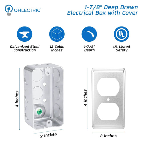Heavy Duty Steel 4x2 Electrical Junction Boxes With Duplex Receptacle Covers Bulk Pack 10 Deep One And Seven Eighths Inches 13 Cu In Capacity Ten Knockouts Half Inch Tough And Reliable Wiring Boxes For Residential Commercial And Industrial Use