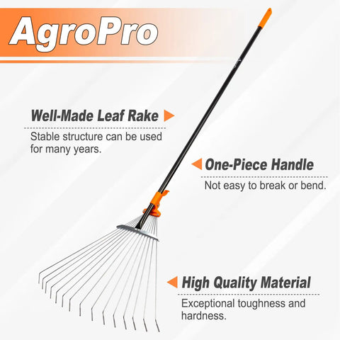 Long Handle Leaf Rake For Lawns With Adjustable Head 61 Inch Heavy Duty Rake Made From High Carbon Steel Tines Zinc Plated For Rust Resistance Ideal For Leaves Cleanup And Yard Work shown with orange handle and metal tines