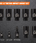 Heavy Duty Pro Grade Impact Socket Set One Half Inch Drive Deep Chromium Molybdenum 6 Point Axle Nut Sockets 30 31 32 33 34 35 36mm with adapters and universal joint displayed on a textured background.
