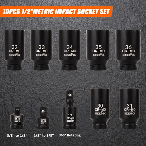 Heavy Duty Pro Grade Impact Socket Set One Half Inch Drive Deep Chromium Molybdenum 6 Point Axle Nut Sockets 30 31 32 33 34 35 36mm with adapters and universal joint displayed on a textured background.