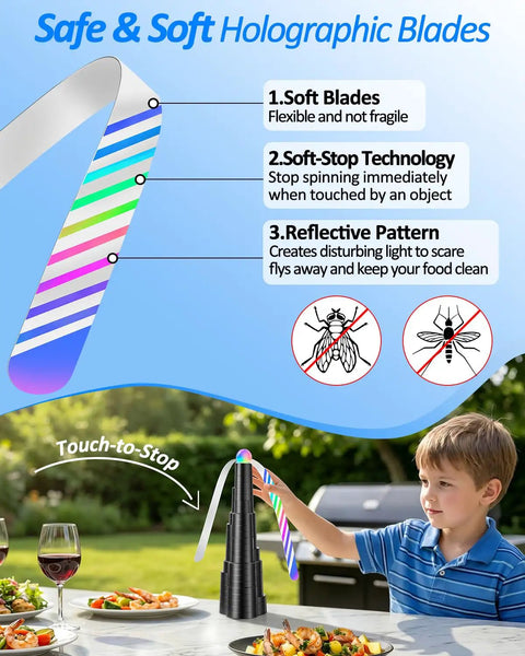 USB Powered Fly Fans For Tables With LED Light, soft holographic blades, safe for kids, outdoor dining setup