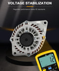 Front view of New Ready To Roll Alternator For Chrysler 200 And Sebring 2.4L 2007-2014 OE 11228 Replacement with multimeter.