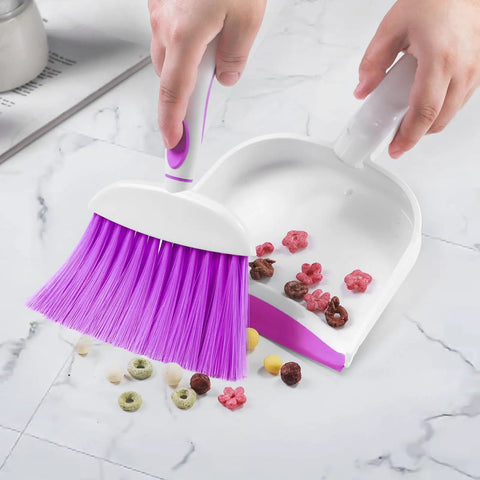 Mini Dust Pan And Brush Set With Teeth For Tight Spaces Flat Broom For Keyboards Desks Sofas Drawers And Cars, Purple in use