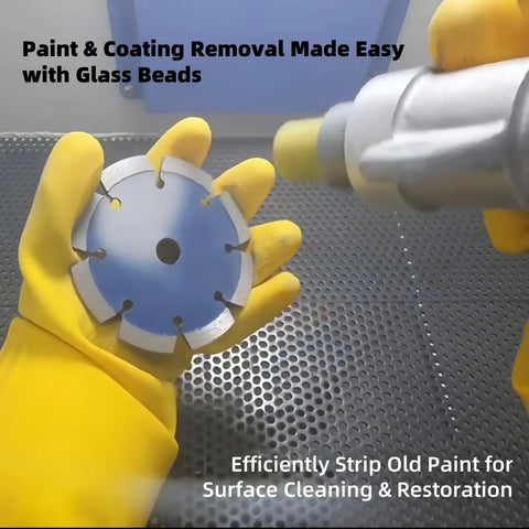 Person in yellow gloves holding tool; 8Lb Non-Silica Glass Bead Sandblasting Media Reusable Abrasive For Rust Removal And Surface Finishing Wide Mesh Range From 20 To 240 Mesh For Heavy Rust Cleanup To Fine Polishing Easy Control Durable Blast Media in use
