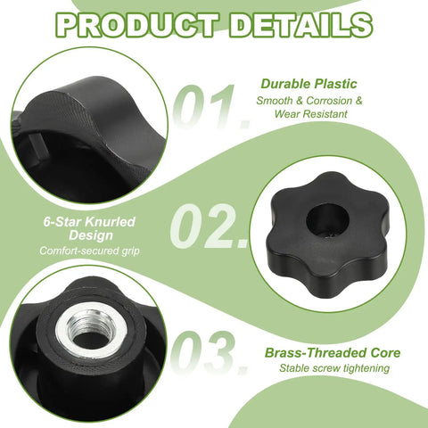 Heavy Duty Plastic Clamping Knobs Set With Brass Core, M10 Female Thread, Knurled Hexagon Star Knobs, 1.9 Inch, Product Details