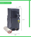 QO 20 Amp 2 Pole GFCI Circuit Breaker With Plug In Mount 120/240V, shown with product dimensions