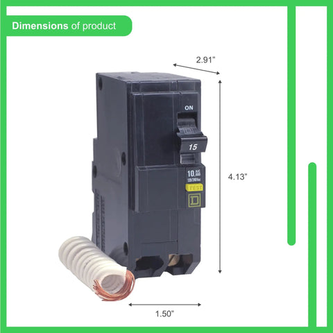 QO 20 Amp 2 Pole GFCI Circuit Breaker With Plug In Mount 120/240V, shown with product dimensions