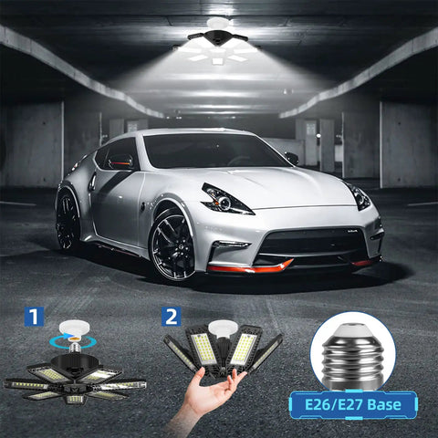 Car under Hella Bright LED Garage Light With 7 Plus 1 Adjustable Panels 6500K Cool White Ceiling Light for garage setup