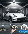 Ultra Bright 7 Plus 1 Panel LED Garage Light 6500K Ceiling Fixture illuminating garage with car below and E26/E27 base inset