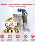 100 Ft Stainless Steel Garden Hose No Kinks And Leak Proof Flexible Water Hose With Upgraded Handle 10 Function Spray Nozzle coiled with warranty icon