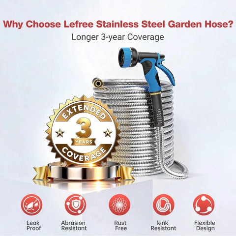 100 Ft Stainless Steel Garden Hose No Kinks And Leak Proof Flexible Water Hose With Upgraded Handle 10 Function Spray Nozzle coiled with warranty icon