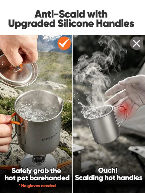 Ultralight Titanium Camping Cookware Set With 420ml And 750ml Pots Lid And Spork 4 In 1 Backpacking Pot with silicone handles