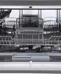 Interior view of Compact Countertop Dishwasher Featuring Stainless Tub And Seven Quick Wash Options Handles Six Place Settings No Stress In Tight Spaces Energy Star Certified Silver Machine.