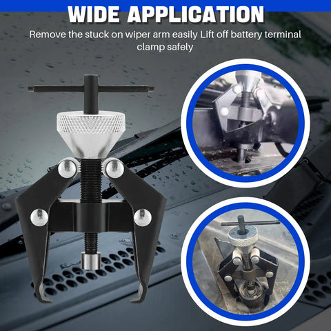Beefy Battery Terminal And Wiper Arm Puller Kit 6-28 Mm Pro Grade Heavy Duty Bearing Remover Tool displayed with applications
