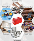 Collage with a Heavy Duty 18 Inch Cantilever Tool Box With 5 Tray Foldout Organizer Metal Red Storage Case centered among tools.