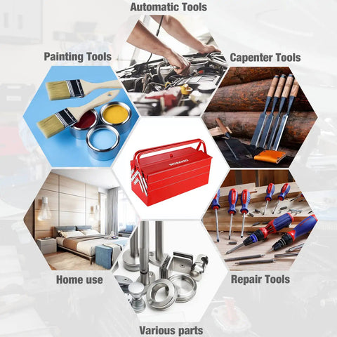 Collage with a Heavy Duty 18 Inch Cantilever Tool Box With 5 Tray Foldout Organizer Metal Red Storage Case centered among tools.