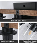 Four Light Wood Vanity Light Fixture Over Mirror With Dope Clear Glass Shades And Matte Black Metal, showcasing details