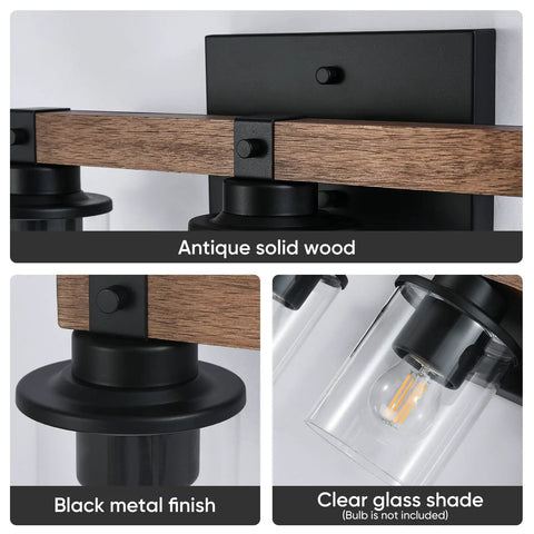 Four Light Wood Vanity Light Fixture Over Mirror With Dope Clear Glass Shades And Matte Black Metal, showcasing details