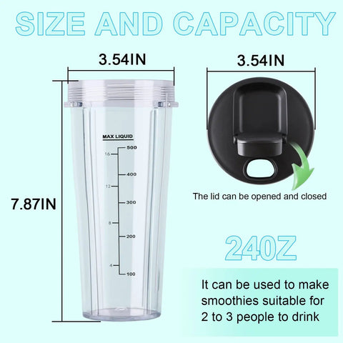 Image showing dimensions of 20 Oz Blender Replacement Cups For Personal Nutri-Blender Plus BN301 BN300, lid open and closed
