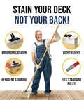 Man holding 7 Inch Deck Stain Brush For Wood Staining And Sealing, highlighting ergonomic design, lightweight, and pole features