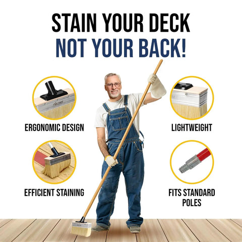 Man holding 7 Inch Deck Stain Brush For Wood Staining And Sealing, highlighting ergonomic design, lightweight, and pole features