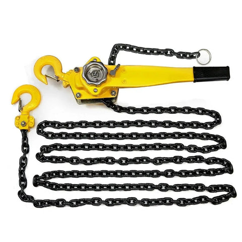 1 1/2 Ton Lever Block Chain Hoist Comealong Lift Puller with 5 Foot Reach, heavy duty alloy steel chain and yellow safety swivel hooks