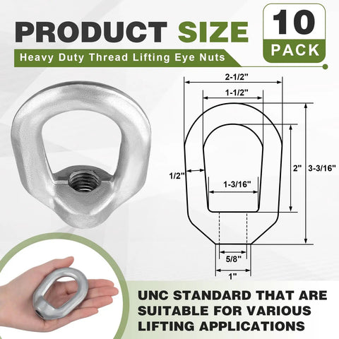 10 Pack 5/8-11 Heavy Duty Lifting Eye Nuts Hot Dip Galvanized Drop Forged Steel UNC Thread Rigging Hardware dimensions and hand holding