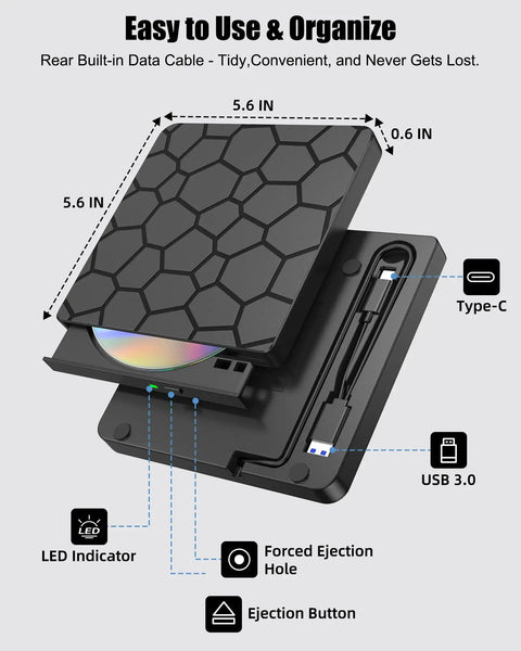 Go To External CD DVD Drive For Laptops With USB 3.0 And Type C 2 In 1 Portable CD Burner And DVD Player Plug And Play CD Reader Writer For MacBook Pro Air Windows 11 10 7 Linux Ultra Slim Optical Drive, 5.6 in black