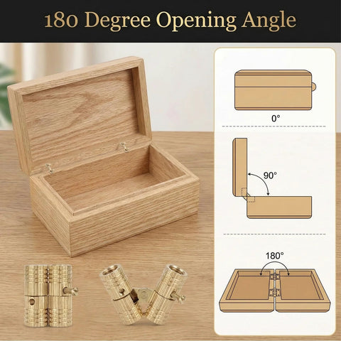 Open wooden box with 4 Pcs 8mm Hidden Brass Barrel Hinges For Jewelry Boxes And Small Furniture 180 Degree Concealed Hinges