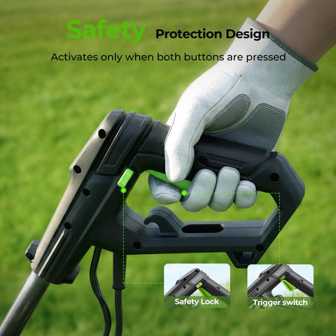 Close-up of safety lock and trigger switch on Powerful 1800W Corded Garden Tiller Cultivator With 18-Inch Wide Till handle.