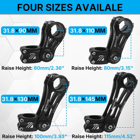 Adjustable Mountain And Road Bike Stem With 25.4mm And 31.8mm Clamps, Heights 90 110 130 145mm, 80 Degree Riser