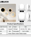 LUXLUCIO Hardwired 9" Round Backlit White Modern Indoor LED Wall Sconce, layout with three circular lights on a wall.