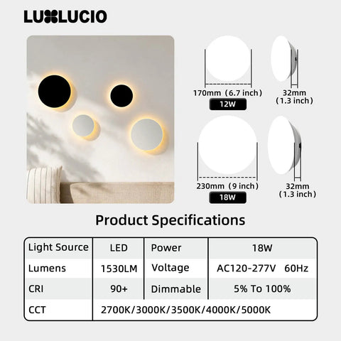 LUXLUCIO Hardwired 9" Round Backlit White Modern Indoor LED Wall Sconce, layout with three circular lights on a wall.