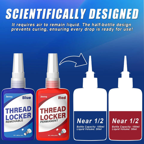 Blue and red heavy duty thread locker kit, 50ml each.