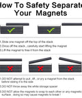 LOVIMAG rare earth bar magnets instructional graphic showing proper stacking and separation steps with green checks.