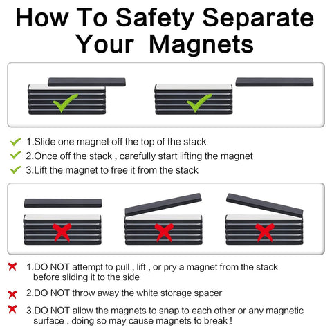 LOVIMAG rare earth bar magnets instructional graphic showing proper stacking and separation steps with green checks.