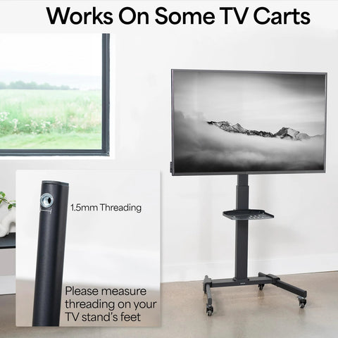 Front view of a mobile TV stand on four 2-inch M10 threaded locking casters with brakes supporting a flat-screen TV.