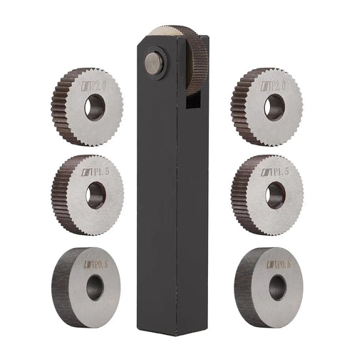 Replacement Linear Knurl Tool Kit With Interchangeable Wheels In 0.5mm, 1.5mm And 2mm For Straight Knurling, pictured with 6 wheels