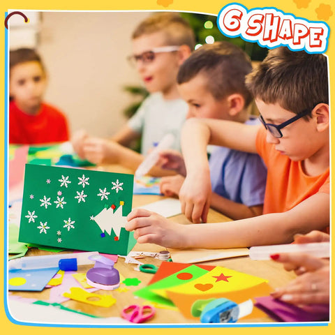 Children crafting with 36 Piece Craft Hole Punch Shapes With Colorful Sticker Paper For Scrapbooking, including tree and star shapes.