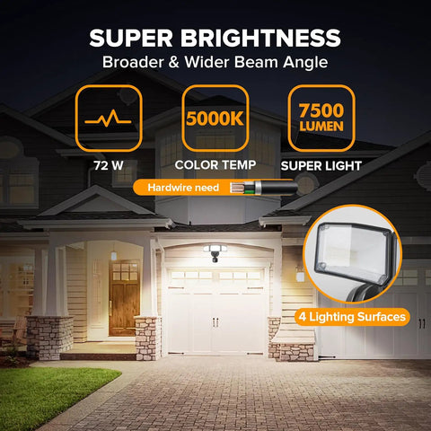 Heavy Hitting Three Head Led Security Flood Light 72W 7500 Lumens Keeps Your Place Guarded With Broad Motion Detection IP65 Weatherproof Dusk Till Dawn Auto Trigger Outdoor Lighting