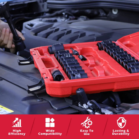 Half Inch Drive Socket Set 25-Piece SAE And Metric Impact Sockets with red storage box on car hood during repair