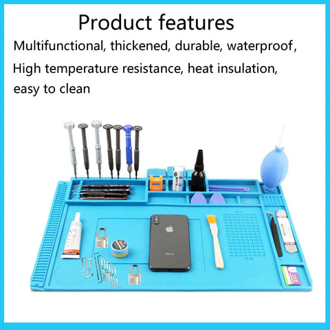 Pro Level Silicone Workbench Mat Featuring a Rock Solid Magnetic Surface and Smart 10 Slot Organizer Perfect for Soldering Phone Fixing and Lock Picking Practices Hella Heat Resistant 17.7 x 11.8 Inch shown with tools and phone.