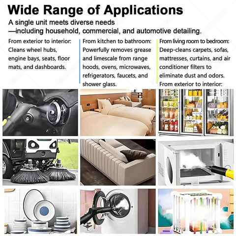 High Power Handheld Steam Cleaner With 6 Piece Accessory Set Delivers 180 Degrees C cleaning kitchen appliances, upholstery, and various surfaces.