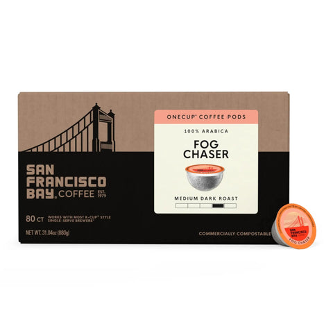 Fog Chaser Medium Dark Roast K Cup Compatible Coffee Pods 80 Count Single Serve Compostable Pods with packaging