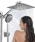 8 Inch Rain Shower Head With Handheld Spray Combo 11 Inch Angle Adjustable Extension Arm High Pressure Shower System in use